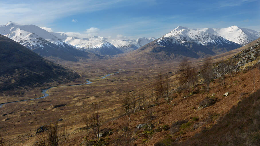 Distant snow-capped mountains with autumn heather and bare trees in the foreground. A river snakes through the glen.