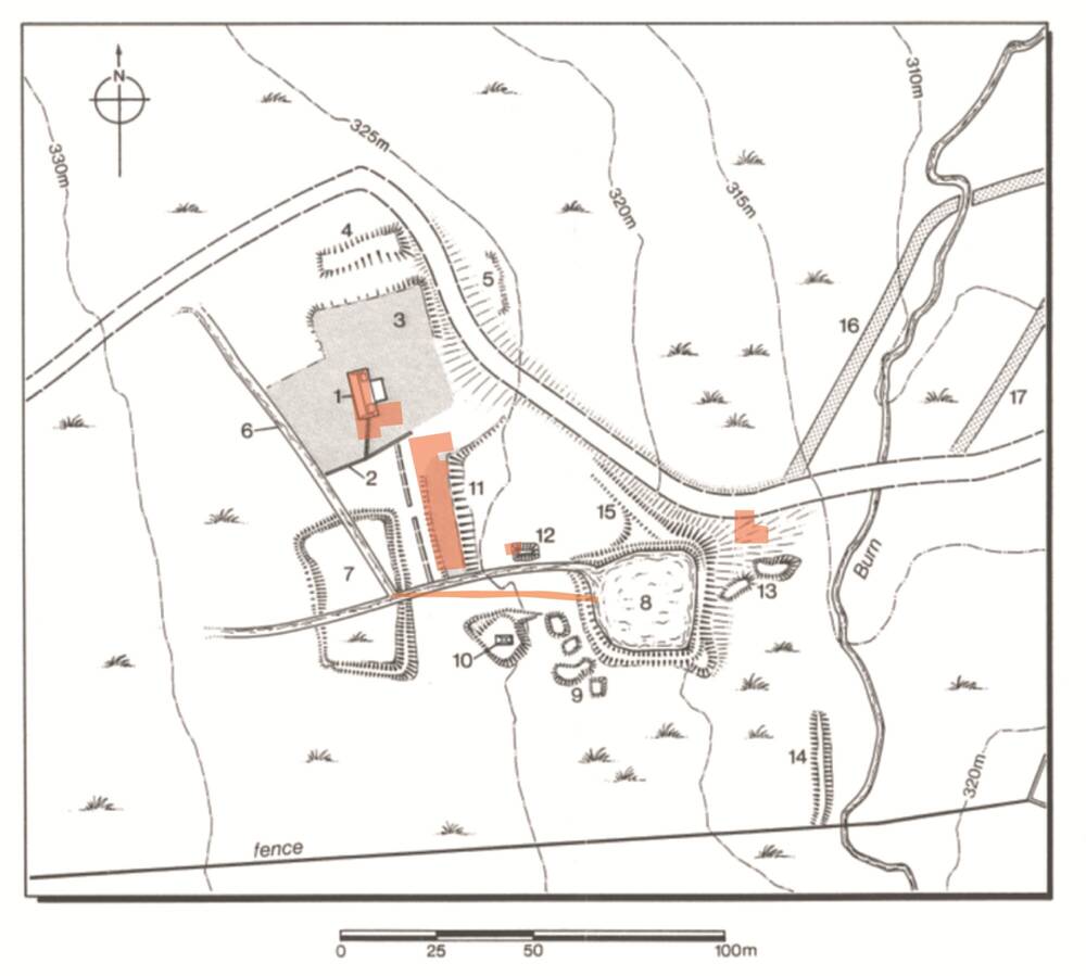 Line drawing showing an archaeological survey of an old distillery site. Buildings are shown as well as the topography of the site.