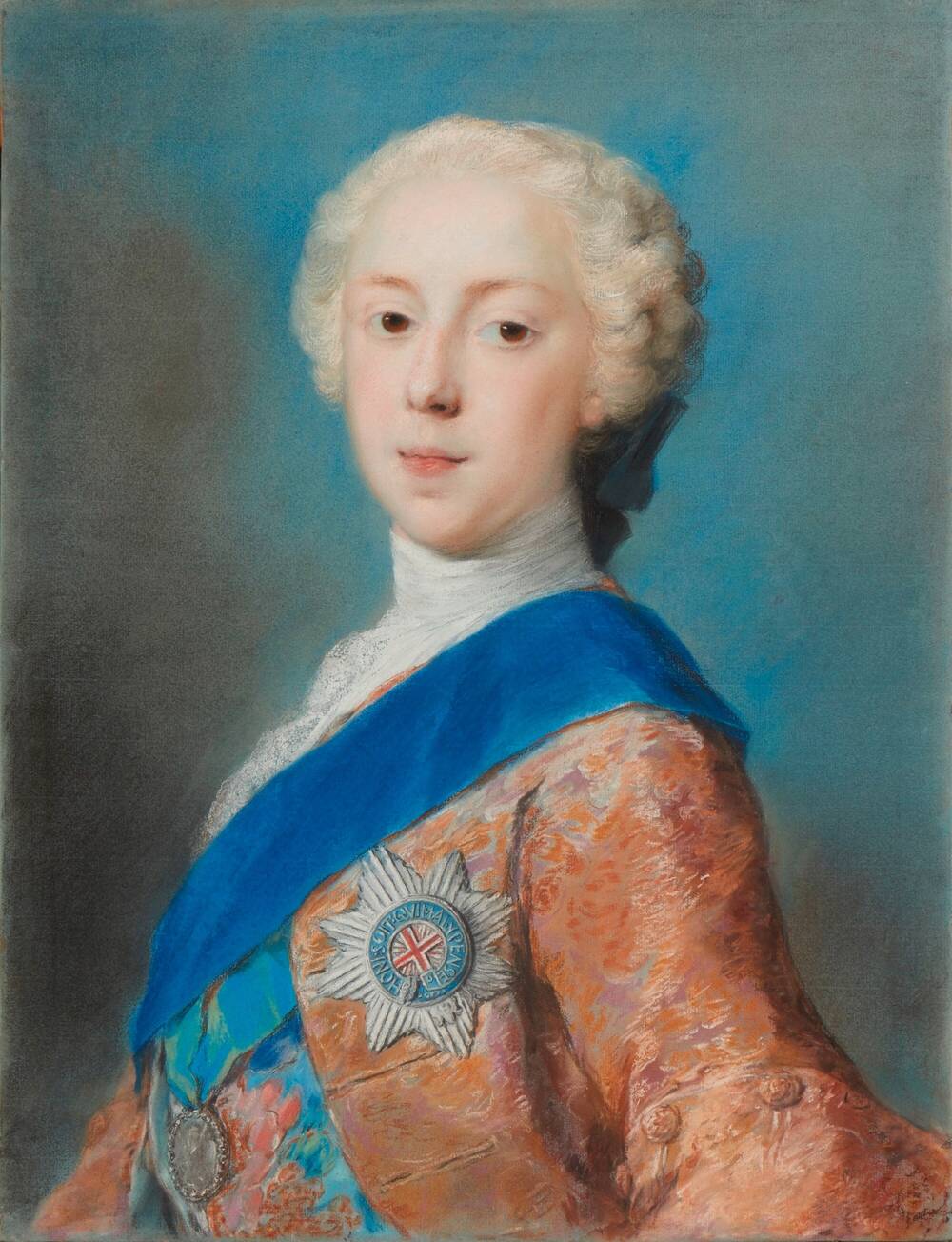 Portrait of Prince Charles Edward Stuart as a young man, with a blue sash over his clothes.