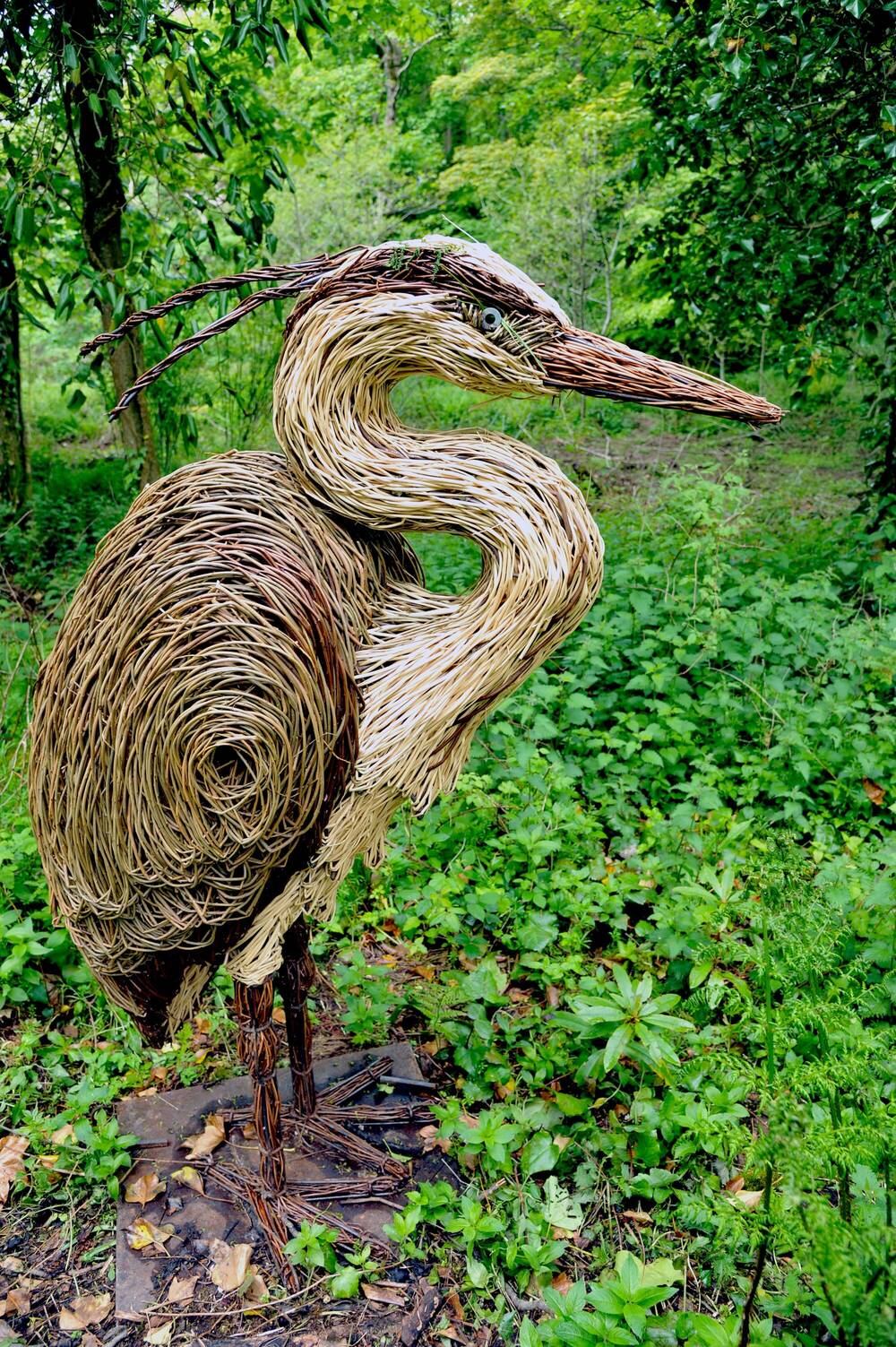A willow sculpture of a heron in woodland.