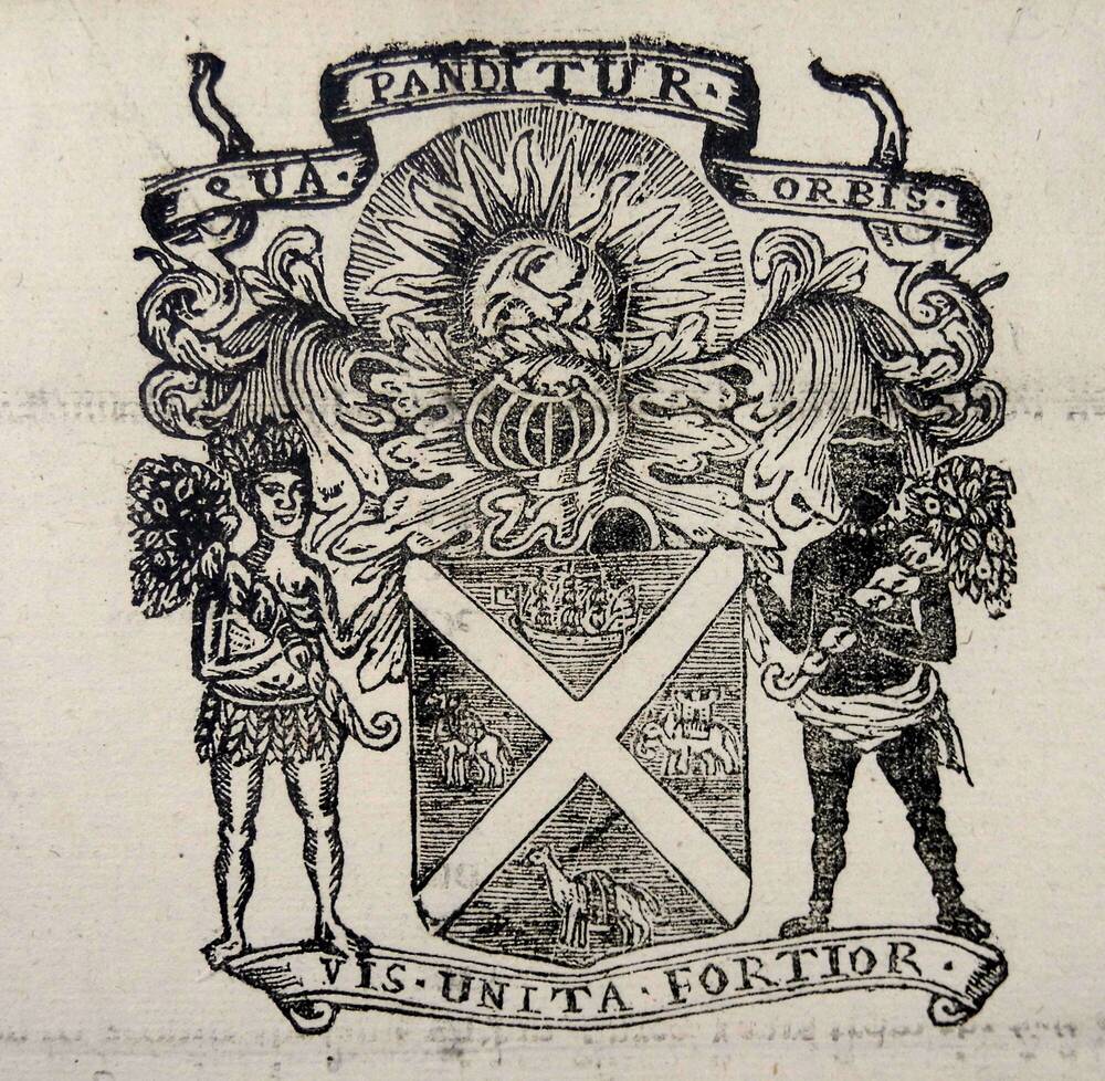 Black and white illustration of the arms of the Company of Scotland.