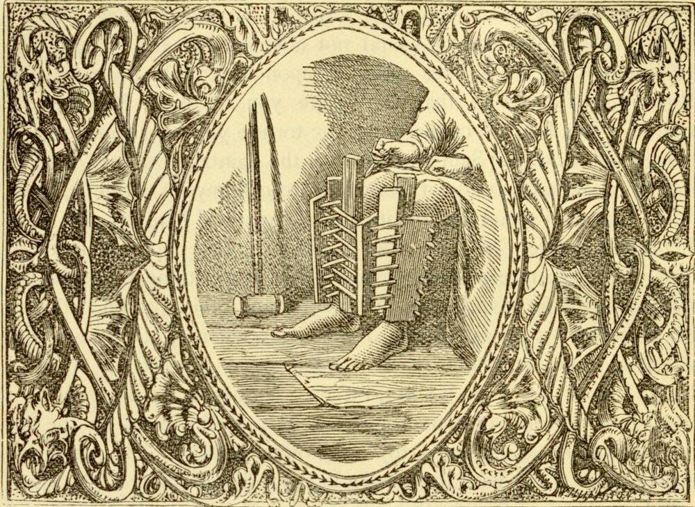 Engraving of a torture device, worn on the lower leg.