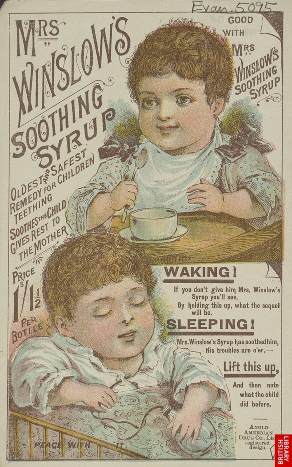 Poster advertising Mrs Winslow's soothing syrup, showing two small children, one sitting in a highchair with a bowl and spoon, and one asleep in a cot.