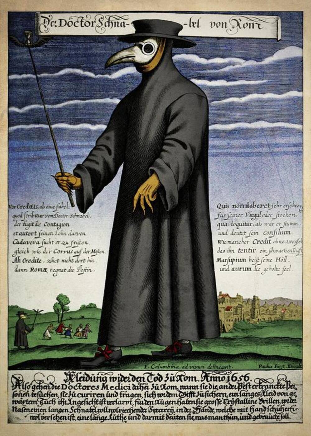 Illustration of a plague doctor in a long black cloak, with a bird-like mask with a long beak. There is medieval'style script at the bottom and in the middle of the illustration.