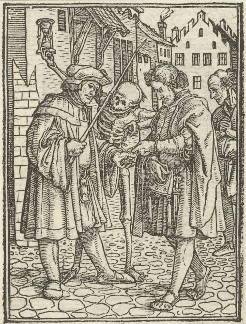 An old illustration of two men in medieval dress standing on a cobbled street, with a skeleton standing between them.