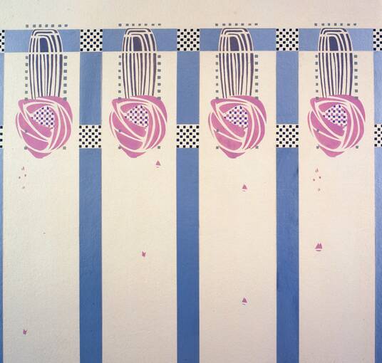 A detail of a stencilled wall decoration with blue vertical lines and pink Mackintosh roses.