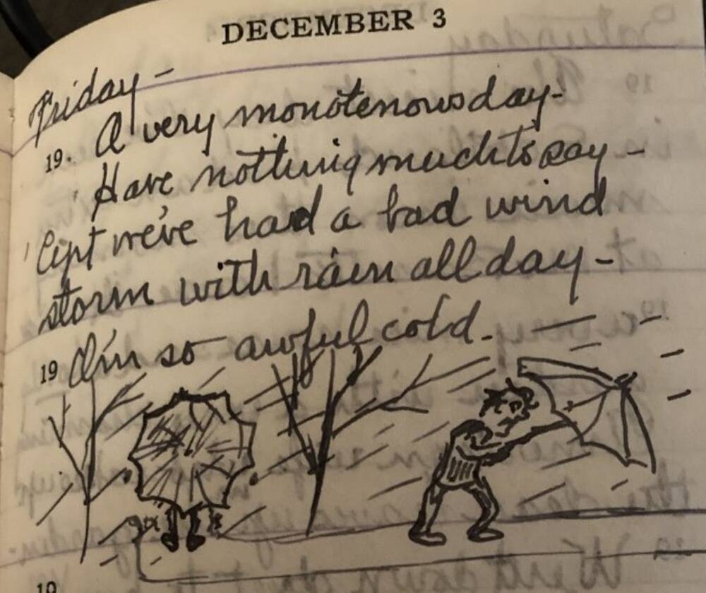 Handwritten diary page, with a cartoon showing people carrying umbrellas, but struggling against wind and rain.