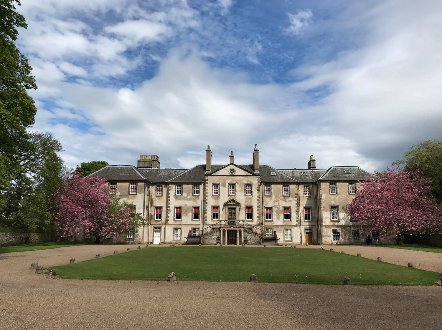 A view of the grand entrance to Newhailes House, with two pink flowering blossom trees either side of the main building. A gravel drive sweeps up to the entrance staircase.