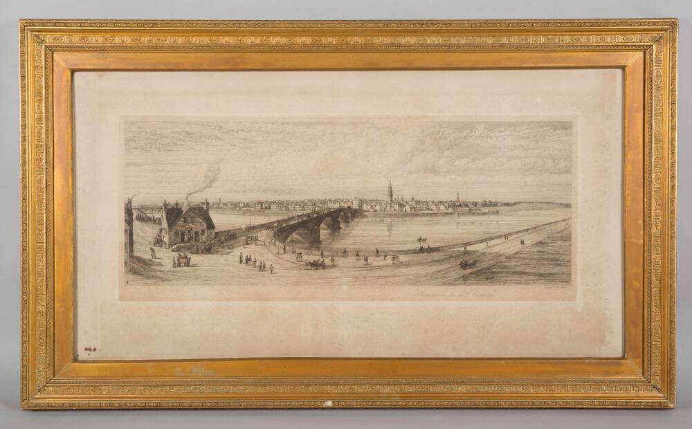 Black and white engraving of a river scene in the 18th century, with Glasgow Bridge to the left of the picture