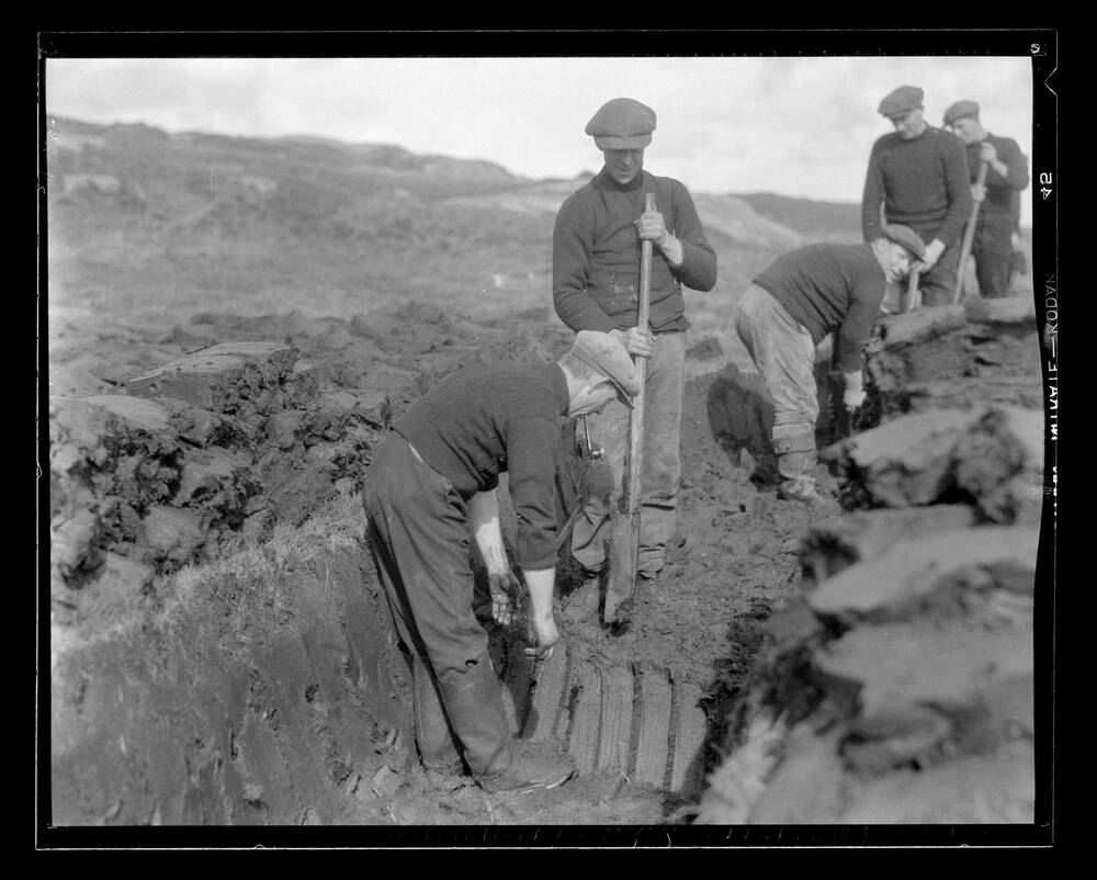 Black and white photo of a group of men cutting peat.