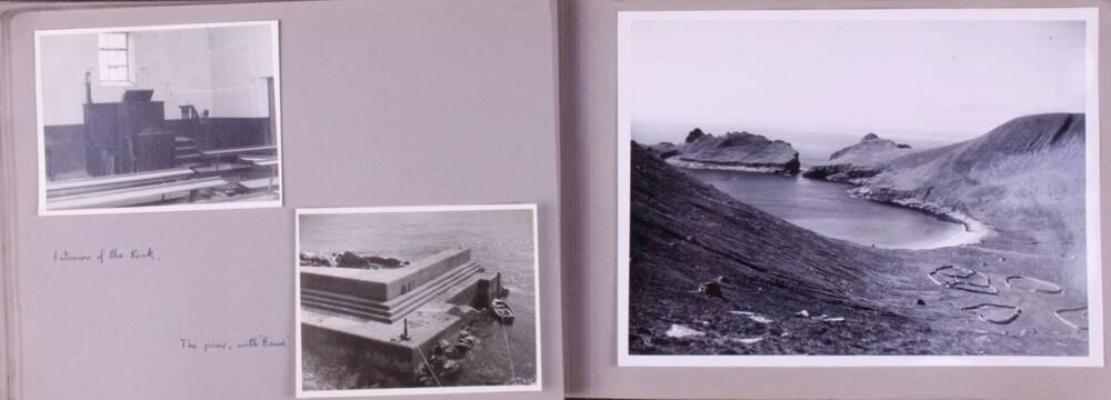 Two pages from a photo album depicting the interior of the kirk, the pier and an aerial shot of Hirta, St Kilda.