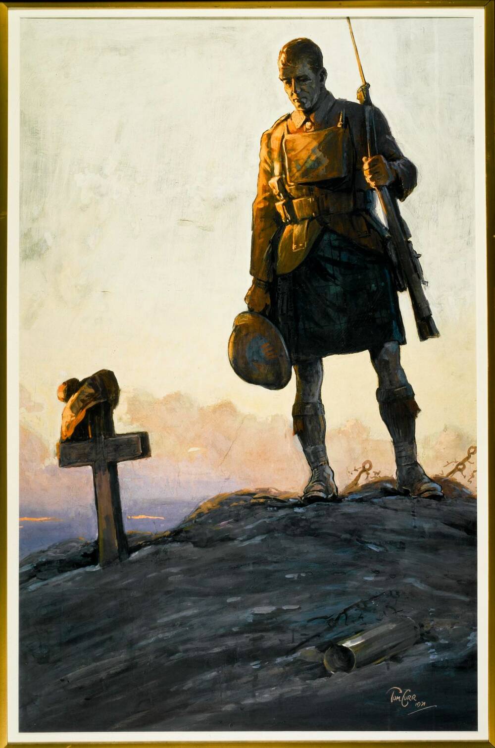 A painting shows a Scottish soldier in traditional kilt dress standing over a stone cross, marking the grave site of a fallen comrade. A rifle is positioned over his left shoulder and he holds a Brodie helmet by his right-hand side. The cross is marked with a tammy hat – a traditional flat bonnet worn in Scotland. 